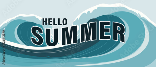 Hello summer, banner with sea waves. Summer design for advertising, sales, social media.