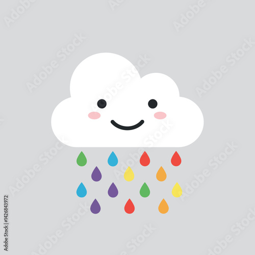 Smiling white cloud with colorful raindrops vector cute weather illustration 