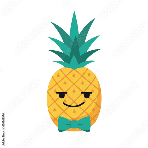 Pineapple with Smirk and Bow Tie Vector Illustration in Yellow and Green Colors 