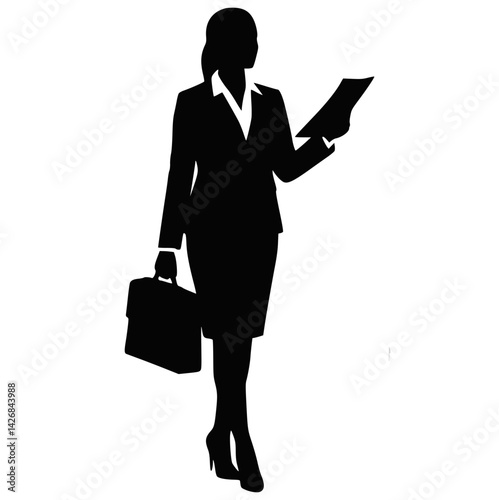 Silhouette of Businesswoman Holding Documents and Briefcase Standing in Professional Pose photo