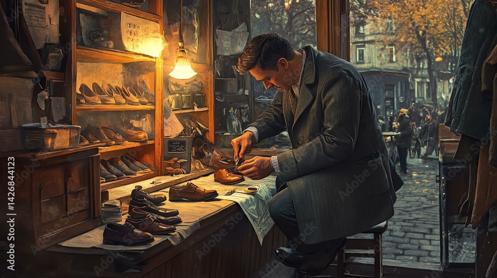Craftsman repairing shoes in a cozy workshop. Craftsman repairing shoes in a cozy workshop.
