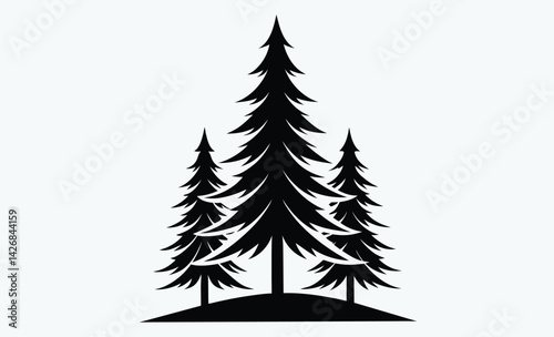 Fir trees silhouette, Coniferous spruce horizontal background patterns, black evergreen woods vector illustration. Beautiful hand drawn panorama with treetops forest.