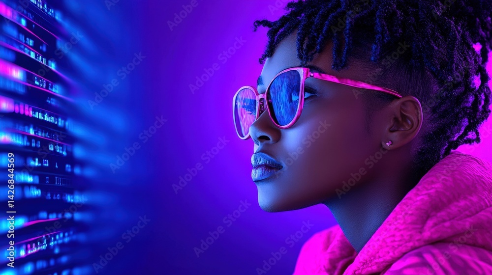 A young individual with dreadlocks and pink sunglasses looks intently at a stream of glowing data in an immersive purple-lit environment, suggesting a tech-inspired atmosphere