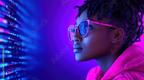 Obraz na płótnie A young individual with dreadlocks and pink sunglasses looks intently at a stream of glowing data in an immersive purple-lit environment, suggesting a tech-inspired atmosphere w salonie