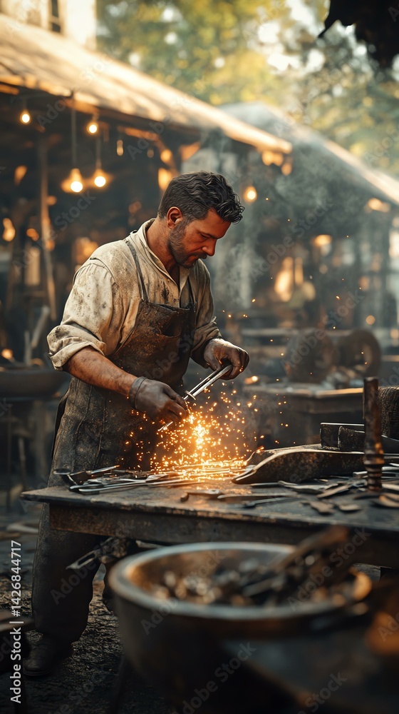 Fototapeta premium Blacksmith crafting metal in a workshop.