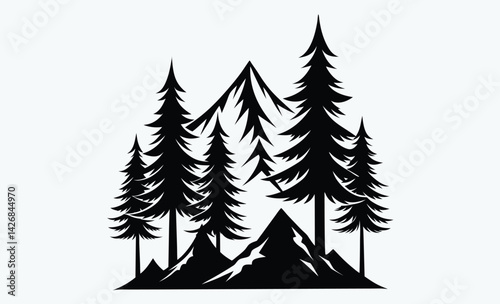 Fir trees silhouette, Coniferous spruce horizontal background patterns, black evergreen woods vector illustration. Beautiful hand drawn panorama with treetops forest.