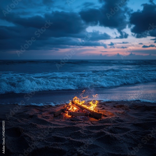 A beachside bonfire at dusk, the flames casting warm light onto the sand while the waves roll gently onto shore, cozy and atmospheric, ultra-detailed