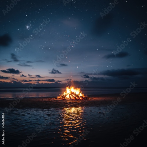 A beachside bonfire under a star-filled sky, friends gathered around, the flames reflecting on the wet sand, cozy and atmospheric, ultra-HD