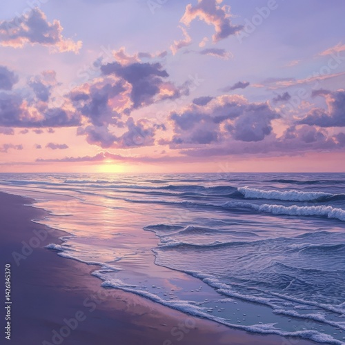 A beach at dusk with the last rays of the sun illuminating the ocean, soft pastel colors blending in the sky, calm waves reflecting the colors, ultra-detailed