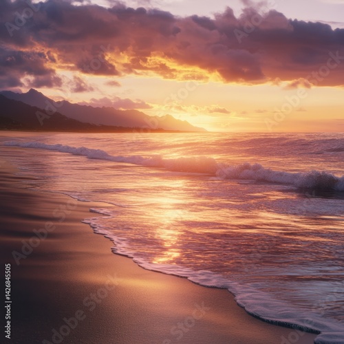 A beach at sunset, the sky glowing with warm orange and purple hues, the water calm with gentle waves, ultra-detailed