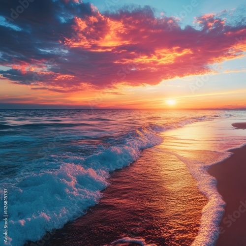 A beach at sunset with gentle waves and a colorful sky, the horizon glowing with warm colors, ultra-realistic