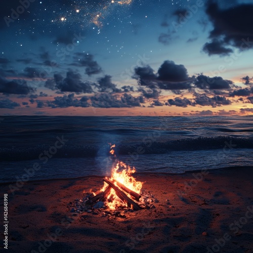 A beach bonfire at twilight, flames flickering as waves gently roll onto shore, starry sky above, cozy and warm atmosphere, ultra-realistic