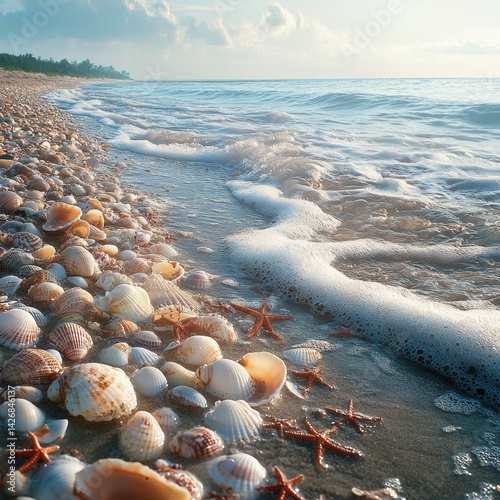A beach covered in seashells, waves washing over them gently, the sun shining brightly overhead, ultra-realistic