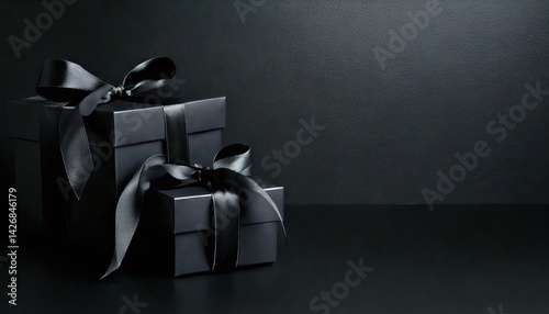 Two black gift boxes stacked with satin ribbons on black