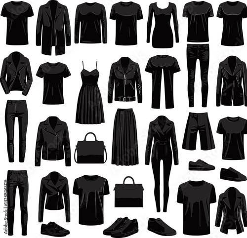 A collection of clothing items, including shirts, pants, and shoes, are displayed in a grid-like pattern. Concept of variety and abundance, showcasing the many different options available for dressing