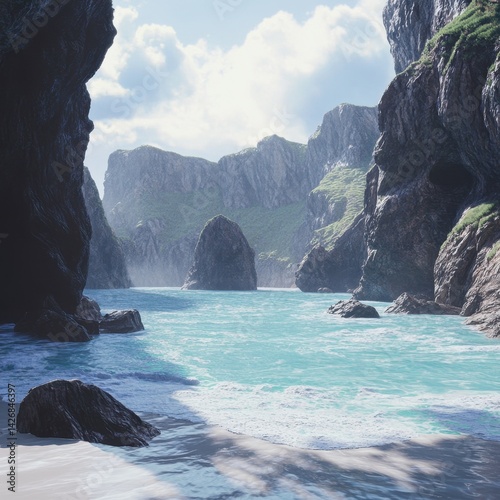A beach surrounded by towering cliffs, the waves crashing against the rocks below, ultra-realistic