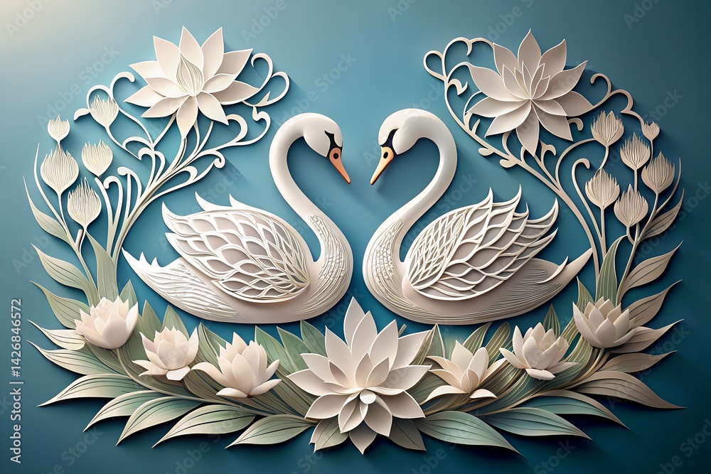 Paper-Cut Swans on Layered Lily Silhouette Art