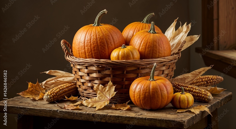 Autumn harvest with pumpkins, corn, and dried leaves in a basket on a wooden table