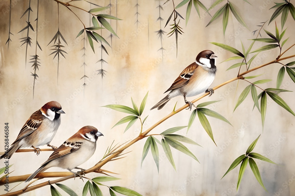 Ink-Wash Sparrows on Bamboo Calligraphy - Minimalist Asian Art