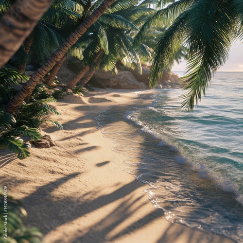 A beach with a small stream of fresh water flowing into the ocean, palm trees casting long shadows in the evening light, ultra-detailed