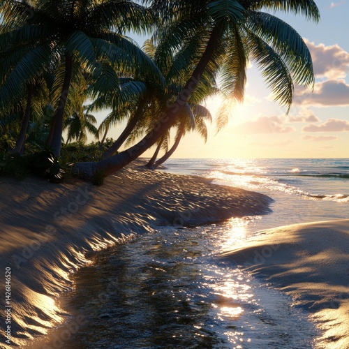 A beach with a small stream of fresh water flowing into the ocean, palm trees casting long shadows in the evening light, ultra-detailed