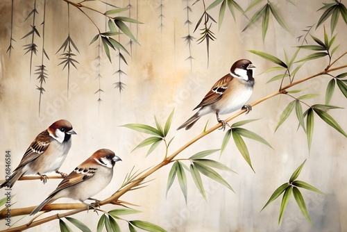 Obraz na płótnie Ink-Wash Sparrows on Bamboo Calligraphy - Minimalist Asian Art w salonie