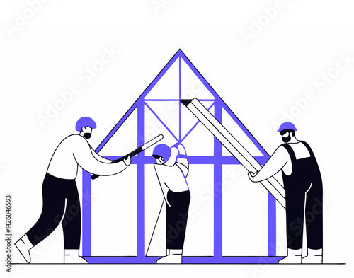Team worker builders work, vector on white background