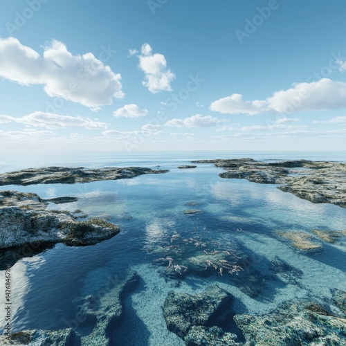 A beach with tide pools filled with sea life, the ocean calm and the sky a brilliant blue, ultra-detailed