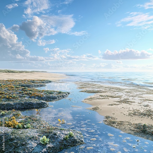 A beach with tide pools filled with sea life, the ocean calm and the sky a brilliant blue, ultra-detailed