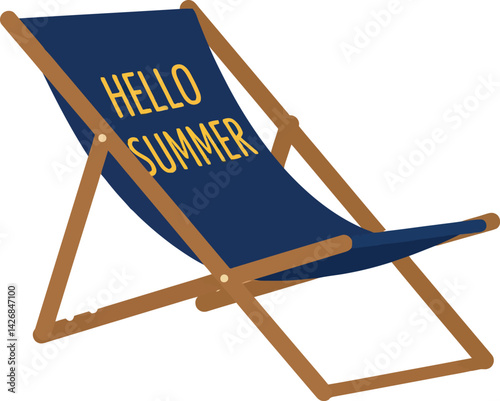 Folding Beach Chair with Hello Summer Text in Blue and Brown Colors for Summer Relaxation 