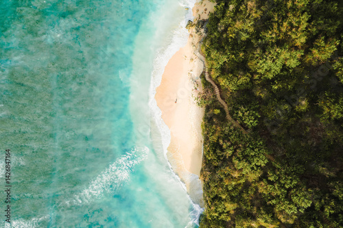Obraz na płótnie Drone shot of a secluded beach in Bali, with crystal-clear water, crashing waves, and dense tropical vegetation along the rugged coastline. w salonie
