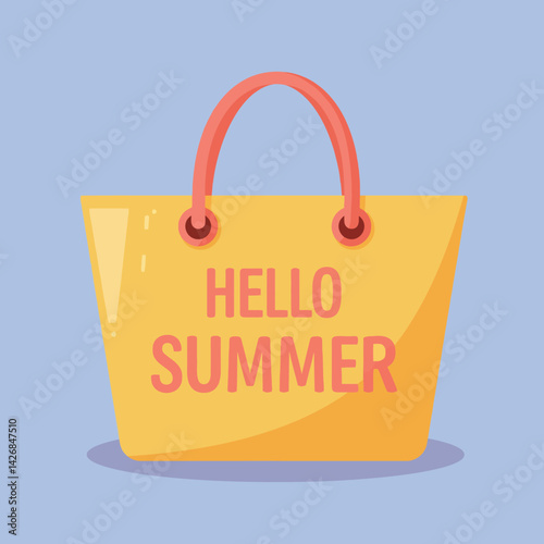 Summer tote bag with hello summer text in yellow and coral colors vector illustration 