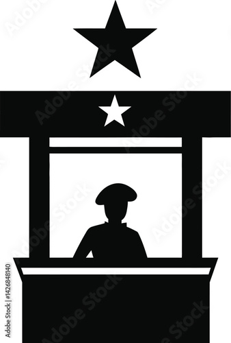 Security Checkpoint Booth with Uniformed Official | Border Control, Ticketing, and Authorization Concept | Simple Black and White Vector Illustration