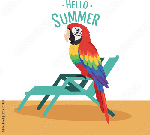 Colorful parrot on beach chair with hello summer text vector illustration design bright tropical bird and summer theme 