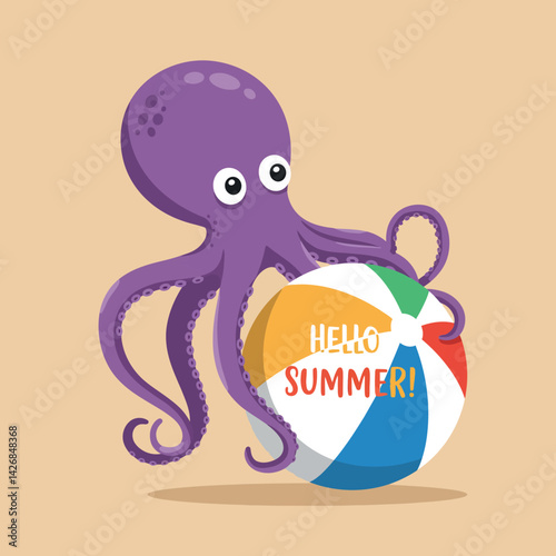 Purple octopus holding colorful beach ball with hello summer text vector illustration 