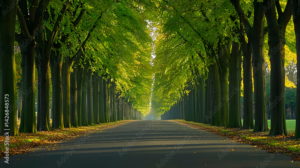 Obraz premium Lined Trees Pathway Under Sunlight