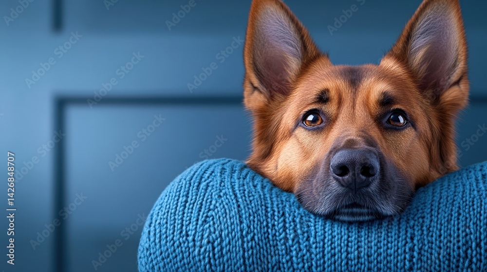 A dog with expressive eyes rests its head on a soft blue cushion, surrounded by a modern interior setting. The warm lighting enhances the cozy atmosphere