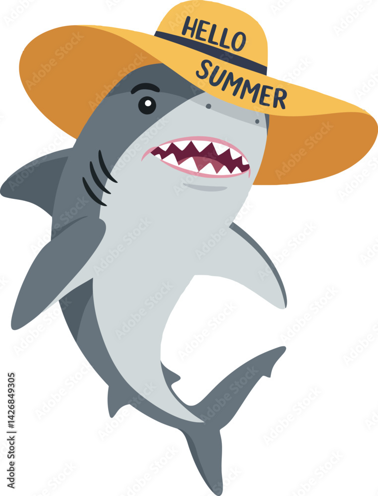 Naklejka premium Shark Wearing Yellow Summer Hat with Hello Summer Text Vector Illustration 