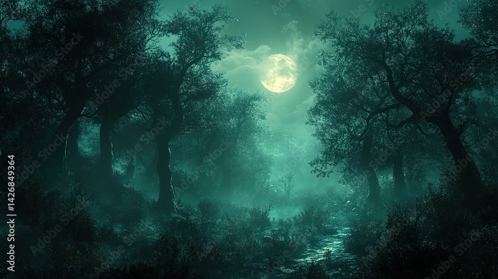 Fototapeta premium Ethereal Moonlight Illuminates a Mystical Forest Stream