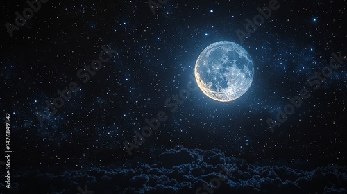Fototapeta Naklejka Na Ścianę i Meble -  Full moon shining brightly over a starry night sky