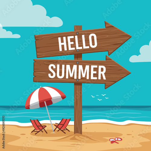Summer beach scene with wooden signs and umbrella by ocean shore vector illustration 