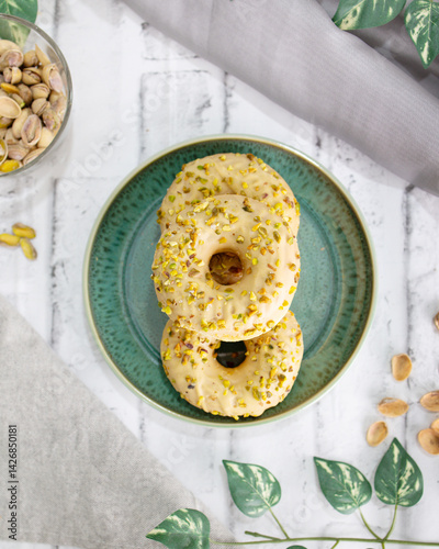 Delicious Pistachio Donuts – Gourmet Baked Treats with Green Glaze and Crunchy Topping, Perfect for Dessert, Bakery, and Food Styling Photography