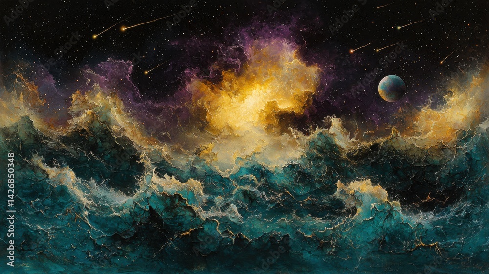 Fototapeta premium Celestial Storm Over Surging Ocean with Cosmic Elements