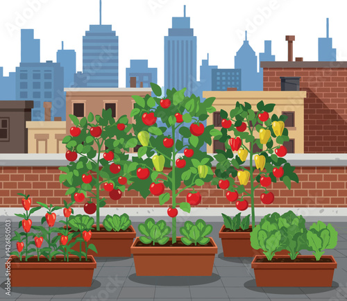 Urban rooftop garden with fruit trees and vegetable plants in cityscape background vector illustration 