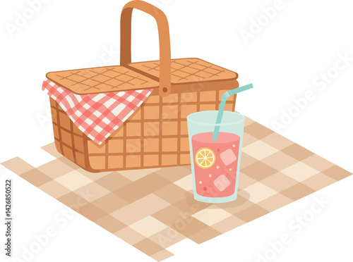 Picnic basket with pink lemonade glass and straw on checkered cloth vector illustration 
