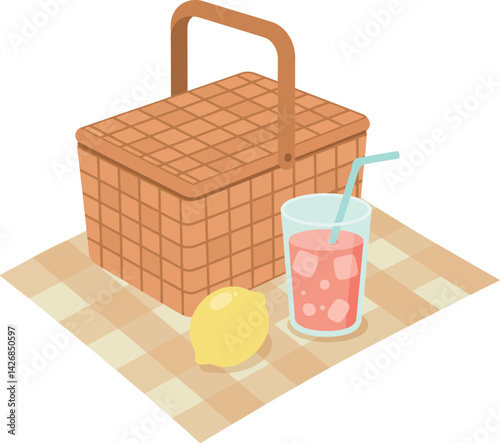 Picnic basket with lemonade glass and lemon on checkered blanket vector illustration 