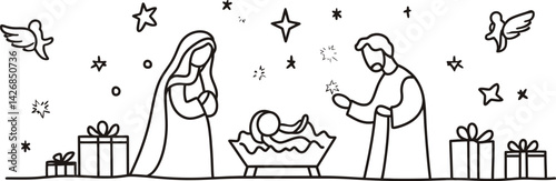 Nativity Scene with Baby Jesus in Manger | Religious Christmas Symbol | Simple Black and White Vector Illustration