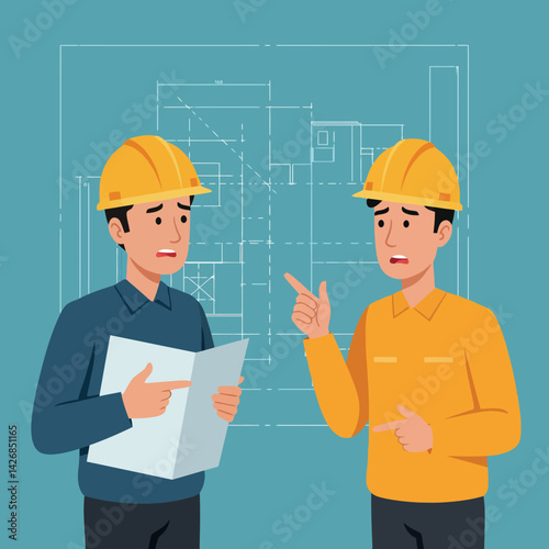 Construction workers discussing architectural blueprint in safety helmets vector illustration 