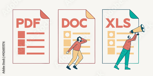 Vector illustration of business people with file types represented pdf doc xls