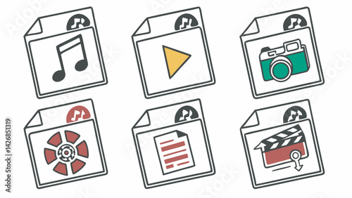Multimedia file type icons for music,video,photos,and download concept